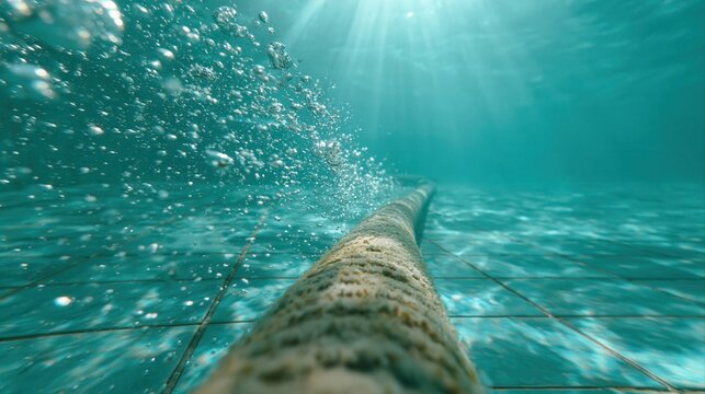 Underwater pool vacuum hose with air bubbles on tiled swimming pool floor in clear blue water