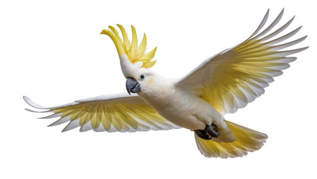 Sulphur-crested cockatoo in flight with yellow crest and wings