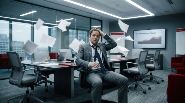 Stressed Businessman Surrounded by Flying Papers, Overwhelmed in Corporate Meeting