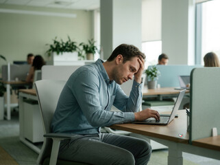 Fototapeta premium Stressed Businessman Working On Laptop Experiencing Anxiety And Difficulty In The Office