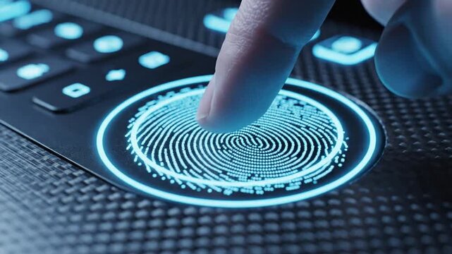 Finger touches glowing fingerprint scanner on dark keyboard with blue lights