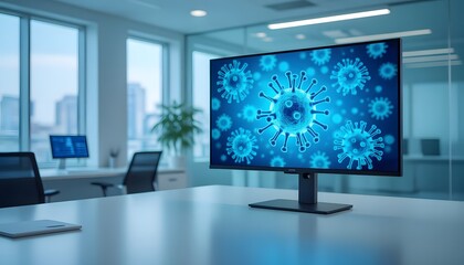 Fototapeta premium Abstract Microscopic Virus Illustration Displayed on a Modern Office Computer Screen