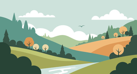Obraz premium Serene Autumn Landscape with Rolling Hills, River, and Trees - Flat Design