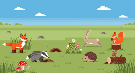 Fototapeta premium Cute Forest Animals in a Meadow: Fox, Badger, Rabbit, Squirrel, Hedgehog, Mouse, Flowers