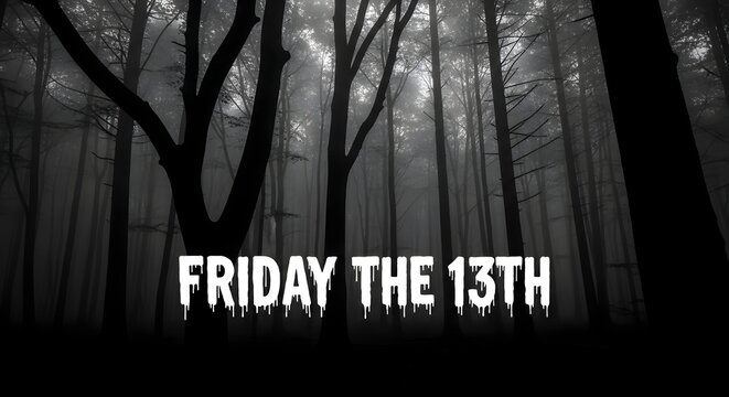 Spooky friday the 13th text in a dark misty forest