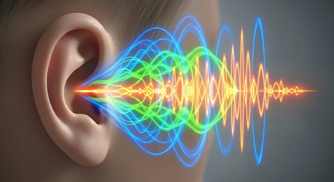 Human Ear Receiving Colorful Sound Wave Visualization in Close Up