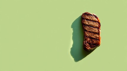 Naklejka premium A minimalist composition featuring a single grilled steak casting a long shadow across a solid pastel green background