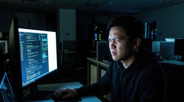 Stressed Programmer Concentrates Intensely On Display Screen While Working Hard