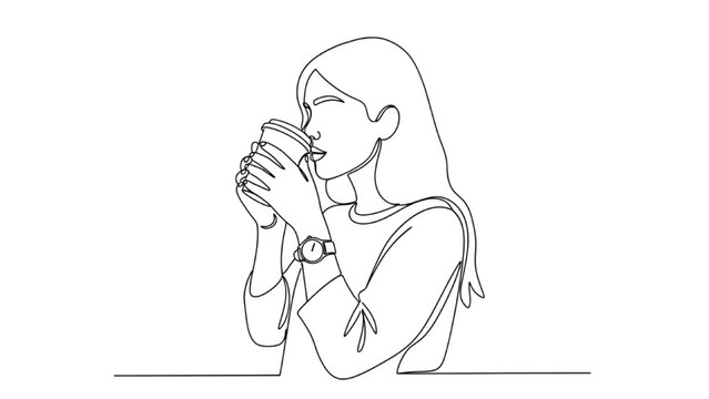 Woman drinking coffee in 2D CAD Vector style