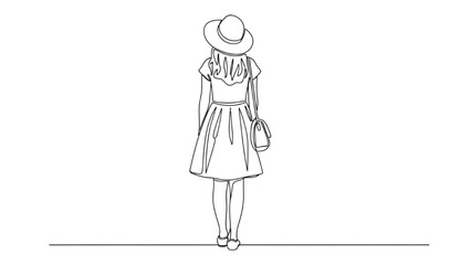 A woman in a dress and hat stands alone on a line in a 2D CAD Vector illustration © Stock Image Paradise