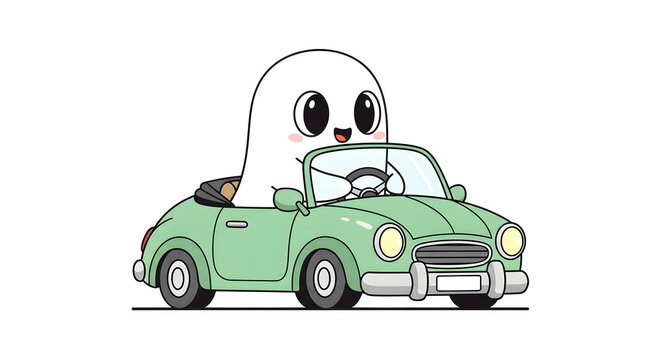 Cute cartoon ghost driving a vintage green convertible car isolated on white background