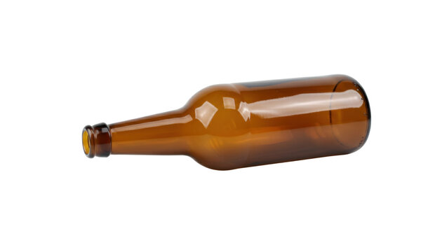 Amber glass beer bottle lying on its side, empty brown glass bottle for beverage packaging, translucent glass container for craft brewery branding isolated PNG with Transparent Background