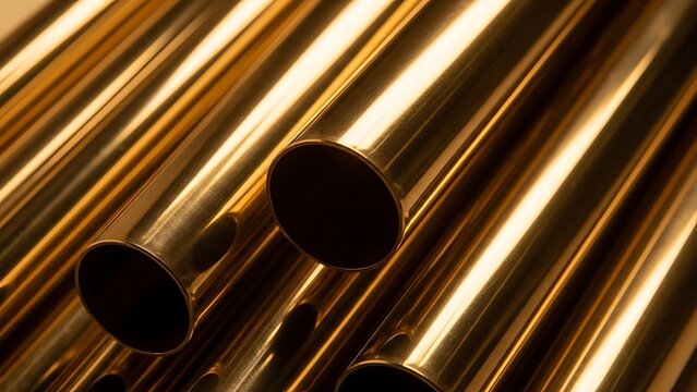 Close-up of multiple parallel cylindrical brass tubes reflecting light