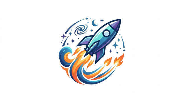 Cartoon rocket ship blasting off into starry night sky.