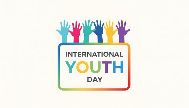 Group of vibrant colorful hands raised above a frame for International Youth Day celebration