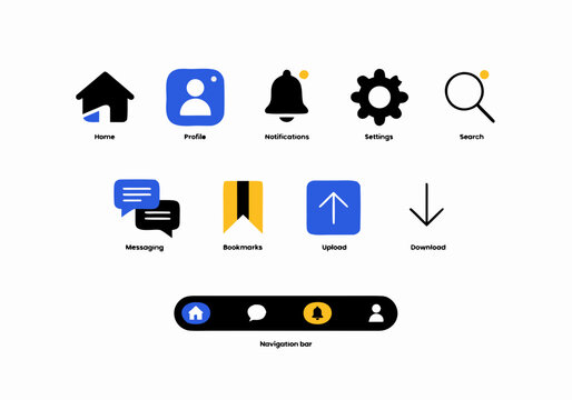 Web interface icons, user interface elements, navigation symbols, mobile app icons, flat design graphics
