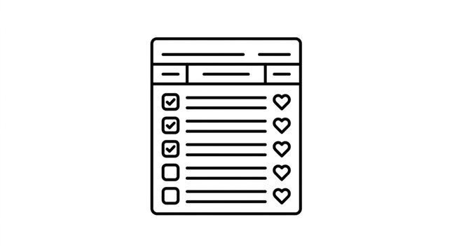 Checklist with checkboxes and hearts icon simple line drawing.