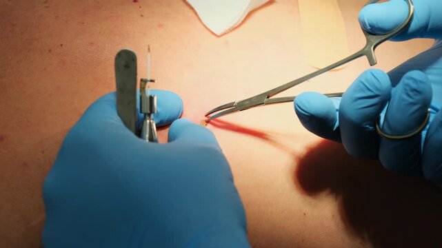 Doctor removes mole with surgical forceps from patient skin in clinic slow motion. Dermatologist uses medical tools to treat birthmark in hospital