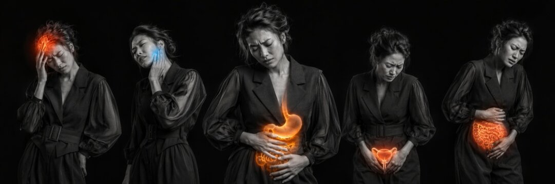 Woman feeling various body pain highlighted with glowing organs. Clinical assessment of headache, toothache, stomach, bladder and intestinal discomfort. Medical pain localization concept.