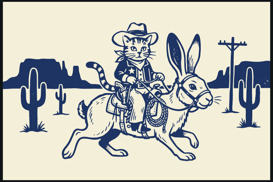 Cowboy cat riding jackrabbit in whimsical desert illustration