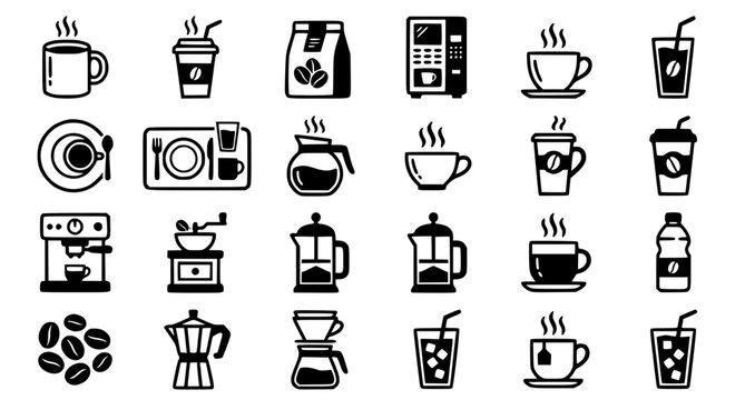 Coffee icon set with 16 flat black filled symbols of cafe mugs vending machine tea cups and decanter