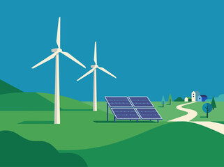 Clean renewable energy infrastructure showcases wind turbines and solar panels in a scenic landscape. A bright, modern illustration promotes sustainable technology. © Vector Factory