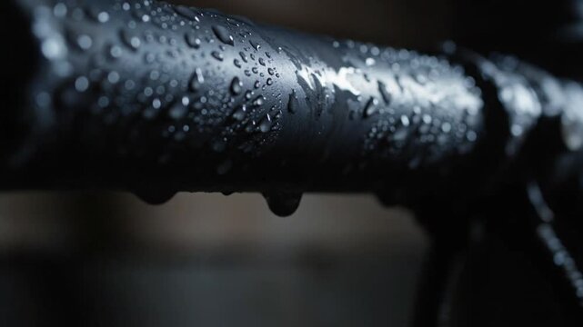 Close-up of water droplets on a dark wet surface with dripping liquid.