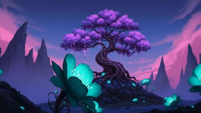 Enchanted purple tree with glowing blue flowers under a twilight sky
