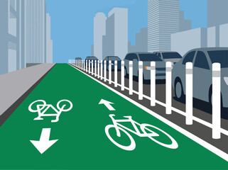 Obraz premium vibrant illustration showcases a protected green commuter lane with bike lanes and bollards set against a modern cityscape Clean lines and bright colors