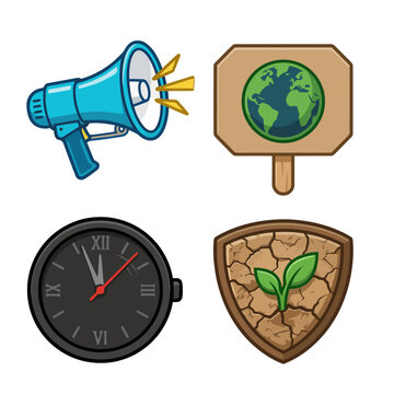 A vibrant graphic set featuring a megaphone, globe, clock, and cracked earth with sprouting plants. Illustrative style, ideal for climate activism and environmental messaging.