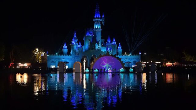 Tashkent, Uzbekistan - May 9, 2026: `Magic City`. Laser and water show at Magic City, night entertainment event.