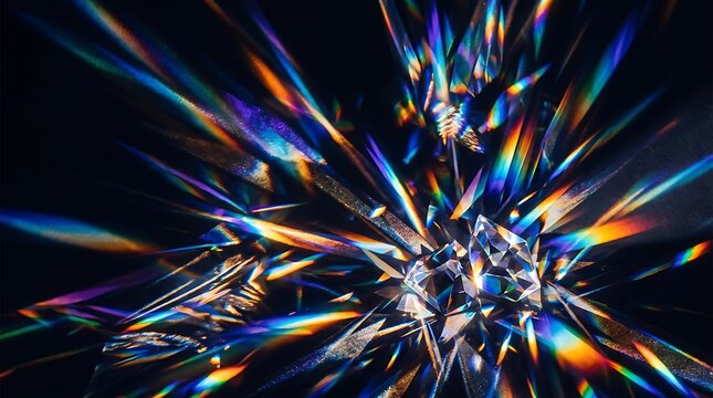 Abstract Prism Crystals Dispersing Vibrant Rainbow Light Rays on Dark Background