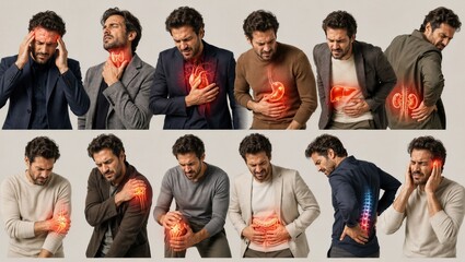 Obraz premium Man experiencing pain in different body areas illustrated with red glowing organs. Collection of common physical health issues including headache, digestion, joint and back discomfort.