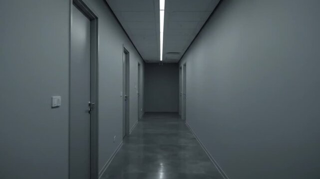 Long Dark Hallway with Multiple Doors and Linear Ceiling Light.