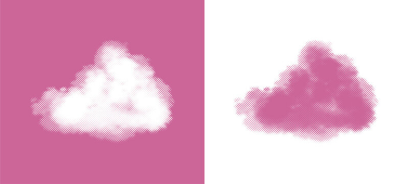 Vibrant abstract cloud halftone overlay texture featuring magenta pink radial dot gradients. Creative screen printing fluffy sky element layout, isolated for premium digital projects.