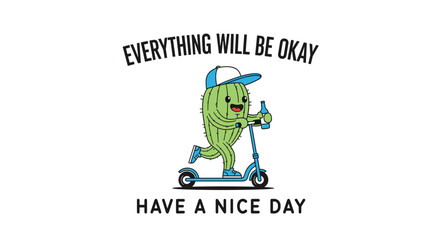 Fototapeta premium Fun cartoon cactus character rides kick scooter with beverage bottle featuring positive message for cheerful greeting design.