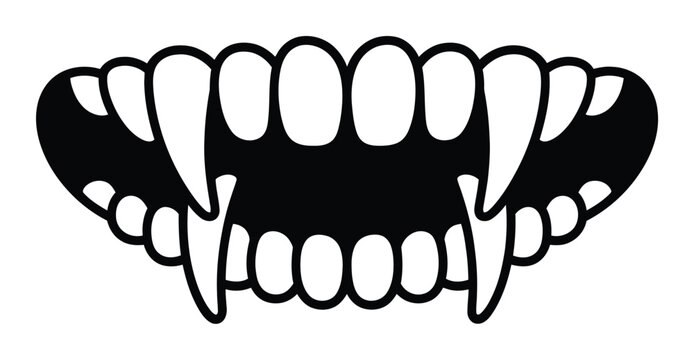 A stylized black and white of a scary monster mouth with sharp fangs and teeth for halloween