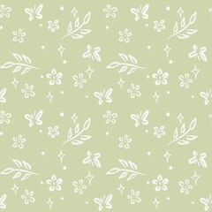 Fototapeta premium Minimal White Botanical Seamless Pattern on Sage Green Background