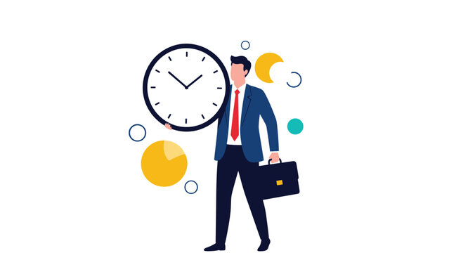 Focused businessman in a suit holding a large clock and a briefcase, symbolizing diligent time management, punctuality, and the importance of meeting deadlines in business.
