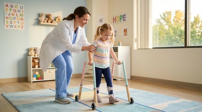 Therapist Assisting Little Girl With Walker Promoting Mobility In Rehabilitation Session