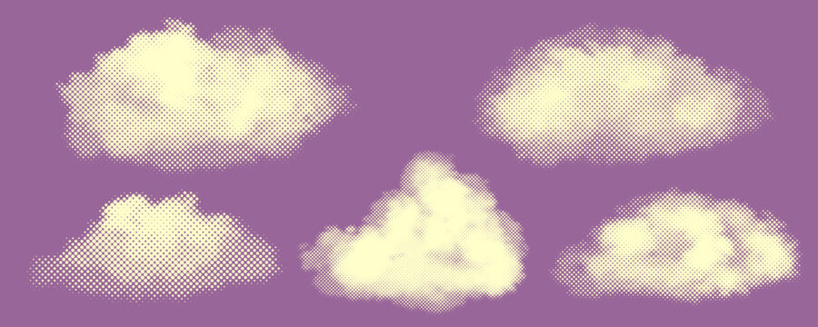 Comprehensive set of five cream and purple abstract cloud halftone overlay textures. Creative retro screen printing fluffy sky dot pattern collection for contemporary design layouts.