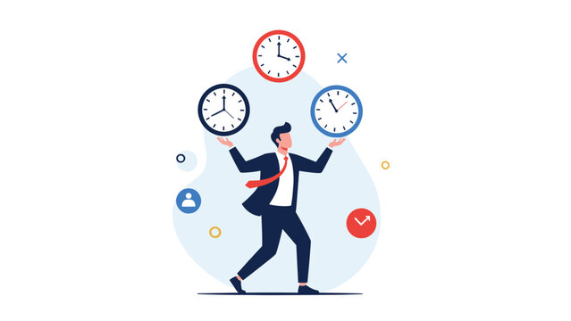 Skillful businessman juggling three clocks, symbolizing expert time management, multitasking, and the ability to balance multiple deadlines and priorities effectively.