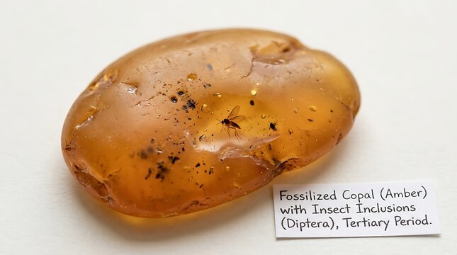 Golden Fossilized Amber with Insect Inclusion Displayed on White Surface