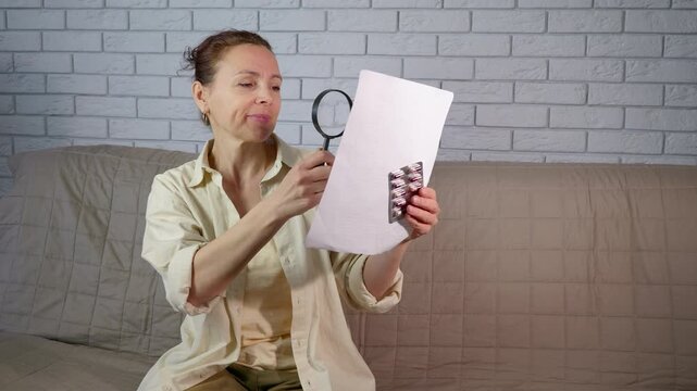 Woman with poor eyesight reading medicine instructions. Middle-aged woman with presbyopia carefully reading the instructions for her medication through a magnifying glass, focusing on side effects