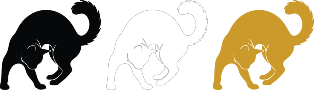 Arched back cat silhouette vector set line art isolated on transparent background