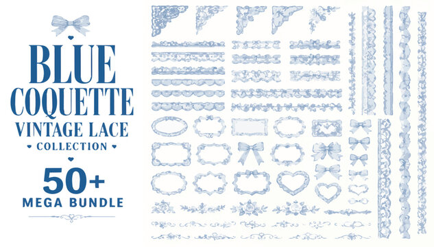 Blue coquette vintage lace collection, mega bundle of 50 plus decorative frames and borders, elegant floral vector ornaments for wedding stationery