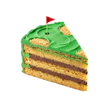 Delicious sponge cake slice decorated like a golf course green topping on transparent background