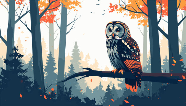 A detailed owl sits on a branch in a forest with autumnal leaves