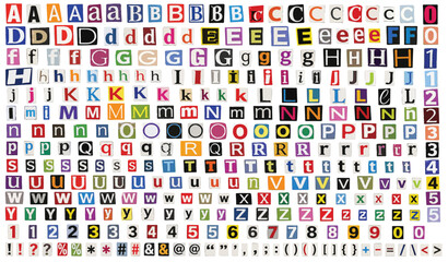 Ransom note alphabet and numbers set, colorful newspaper cutout letters vector, vintage magazine clipping typography for collage art © preety