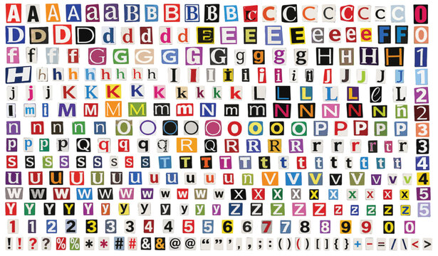 Ransom note alphabet and numbers set, colorful newspaper cutout letters vector, vintage magazine clipping typography for collage art